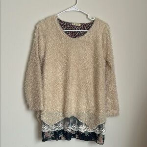 Beige Women's Sweater with Lace Hem size M